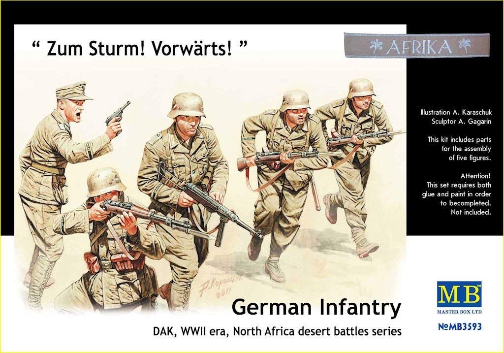 Masterbox 1:35 Scale German Infantry, DAK WWII, North Africa Desert Bat, 1.27 x 1.27 x 3.81 cm, Earth tones