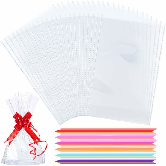 50 Counts 15 x 25 cm Clear Flat Cello Cellophane Treat Bags Cellophane Block Bottom Storage Bags Sweet/Party/Gift/Home Bags with Colorful Bag Ties (Style A) - Image 2