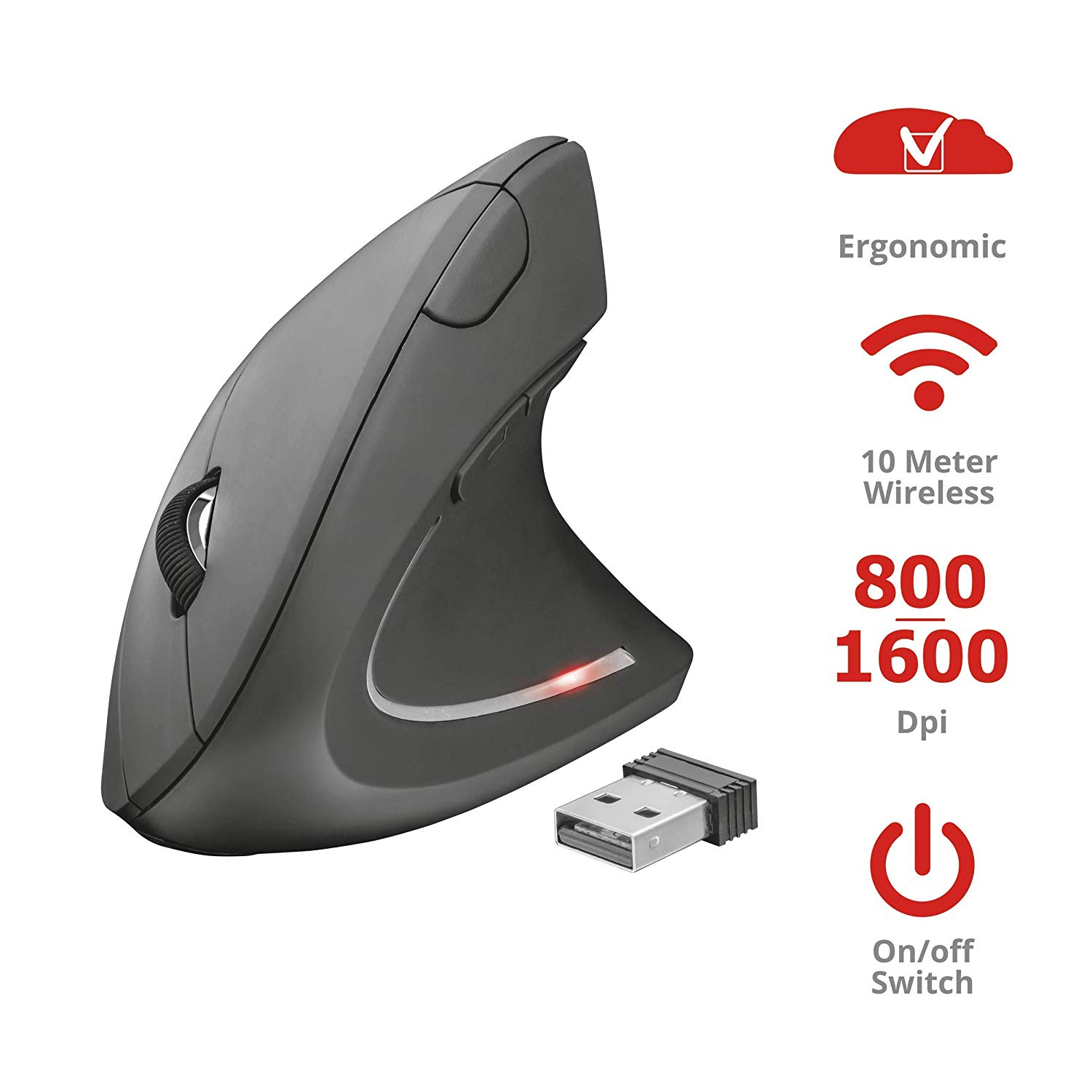 Trust Verto Wireless Ergonomic Mouse, Vertical Mouse with Storable USB Micro-receiver, 800-1600 DPI, 6 Buttons - Image 2