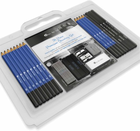 Castle Art Supplies 26 Piece Premium Drawing and Sketching Set | For Artists, Professionals or Beginners | Pencils, Charcoal, Graphite and More | Arranged in Carry-Anywhere Clamshell Case
