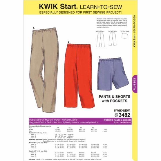 KWIK - SEW PATTERNS K3482 Size 1X - 2X - 3X - 4X Pants and Shorts, Pack of 1, White - Image 3