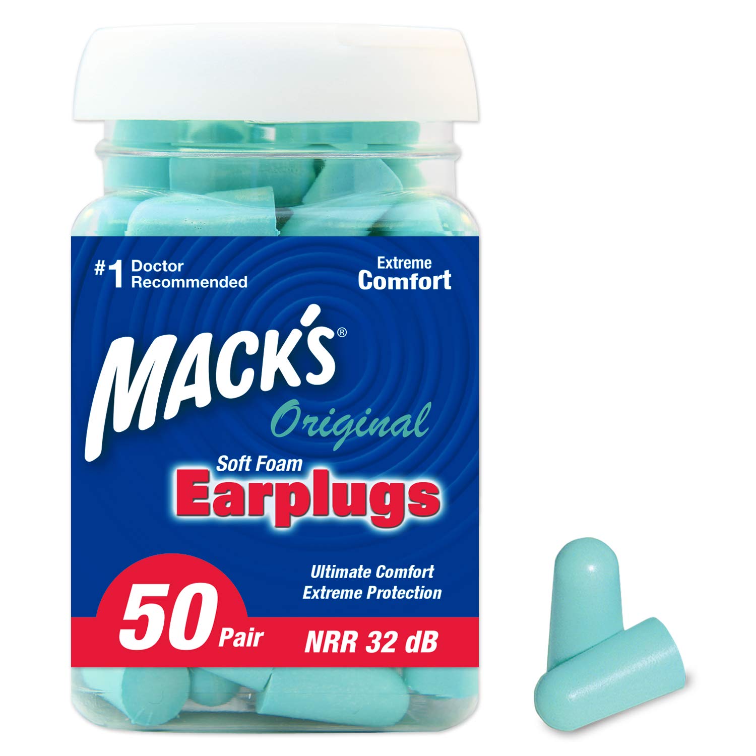 Mack's Ear Care Original Soft Foam Earplugs - Pack of 50 works, Mint Green, 50 Pair (Pack of 1)