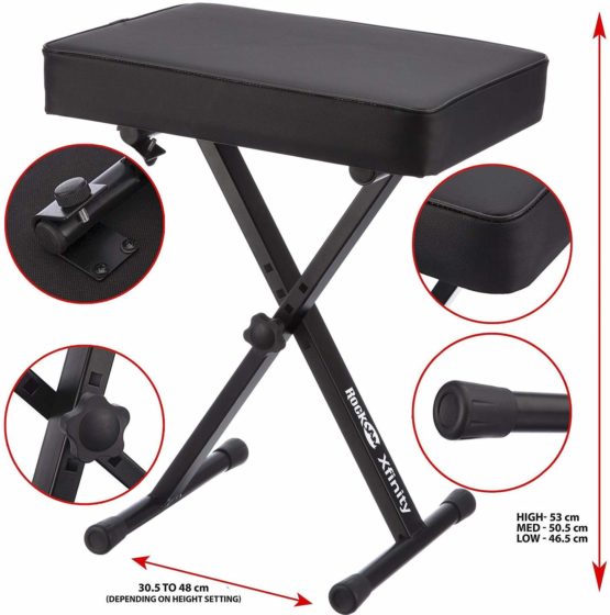 RockJam RJKBB100 Premium Adjustable Padded Keyboard Bench or Digital Piano Stool, Black, 20.87 in*17.32 in*12.59 in