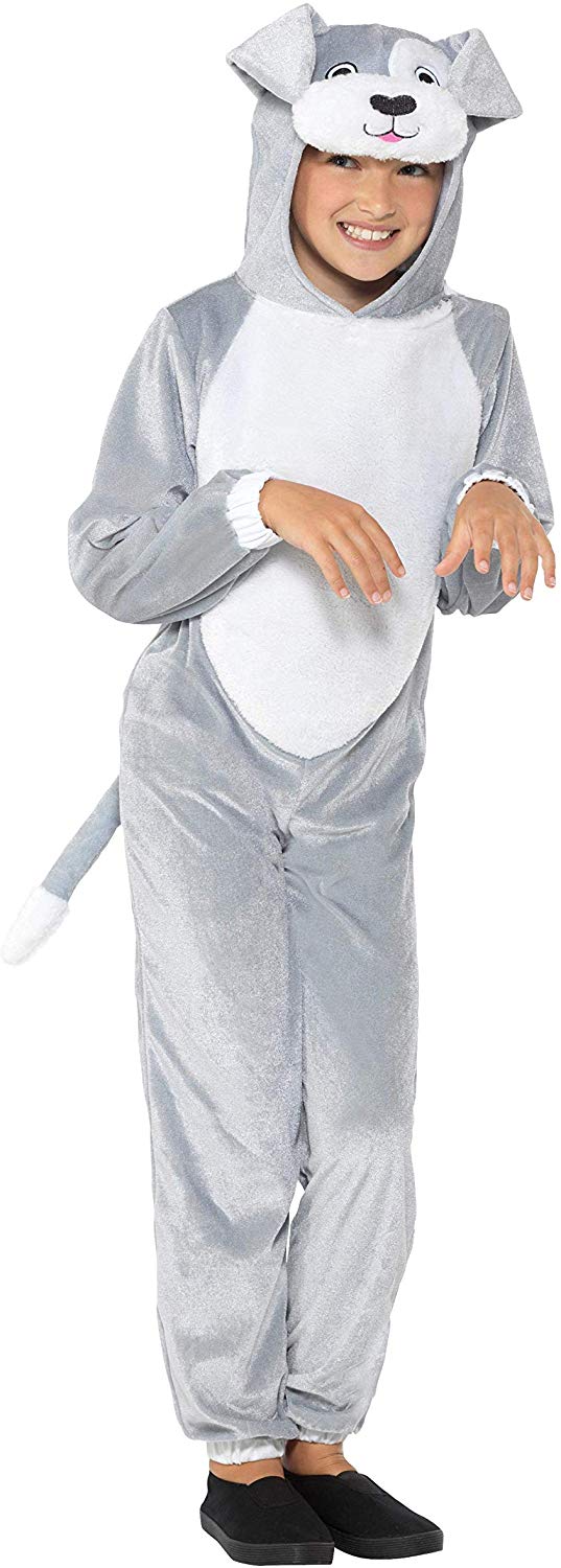 Smiffys Dog Costume, Grey with Hooded Jumpsuit, Children's Animal Fancy Dress, Animal Dress Up Costumes, S - 4-6 Years
