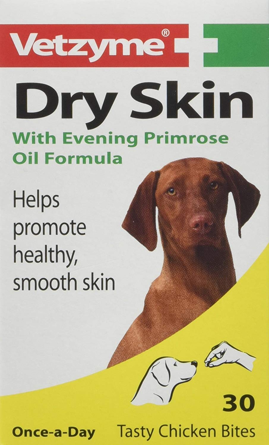 Vetzyme Dry Skin Tablets for Dogs (30 Tablets) - Dry and Itchy Skin Relief, Promotes Healthy and Smooth Skin, Tasty Chicken Flavour