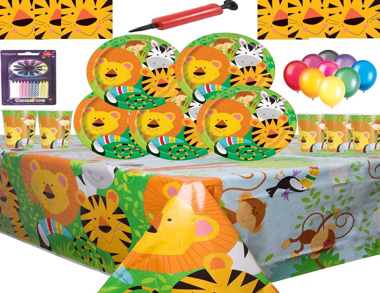 Jungle Animal Party supplies Tableware Kids Birthday Party-16 Plates 16 Cups 16 Napkins 1 Tablecloth-Serves 16 Guests