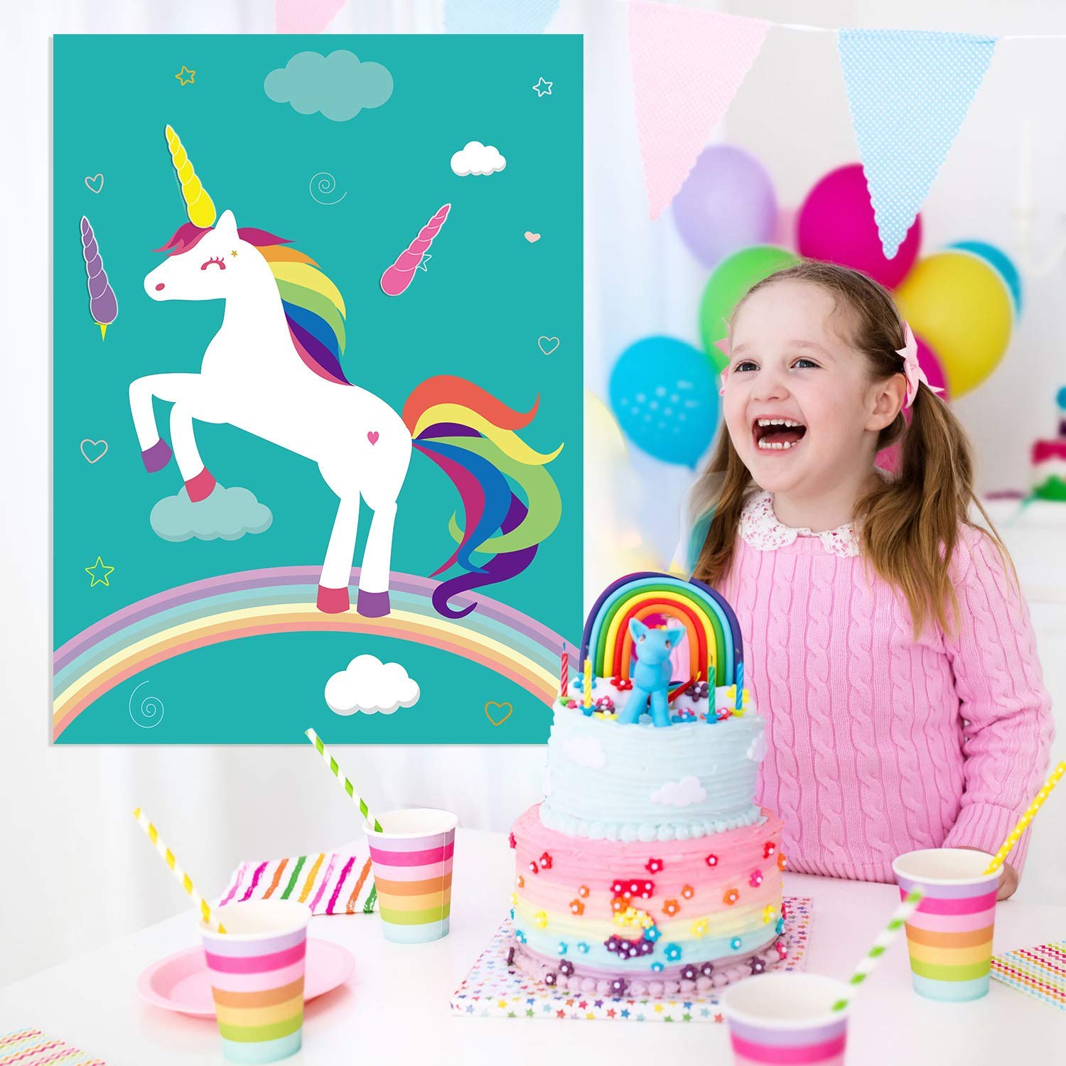 FEPITO Pin The Horn on The Unicorn Birthday Party Game with 24 Horns
