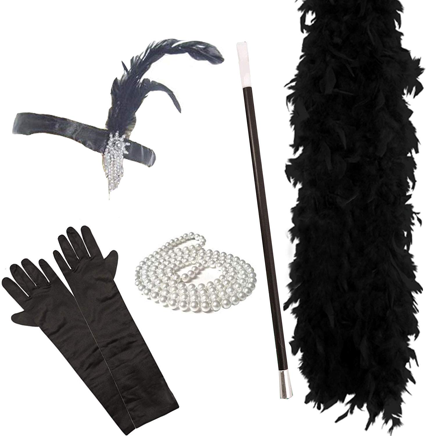 Paper Umbrella FLAPPER 5 PIECE SET Ladies Charleston Fancy Dress 1920's (BLACK)