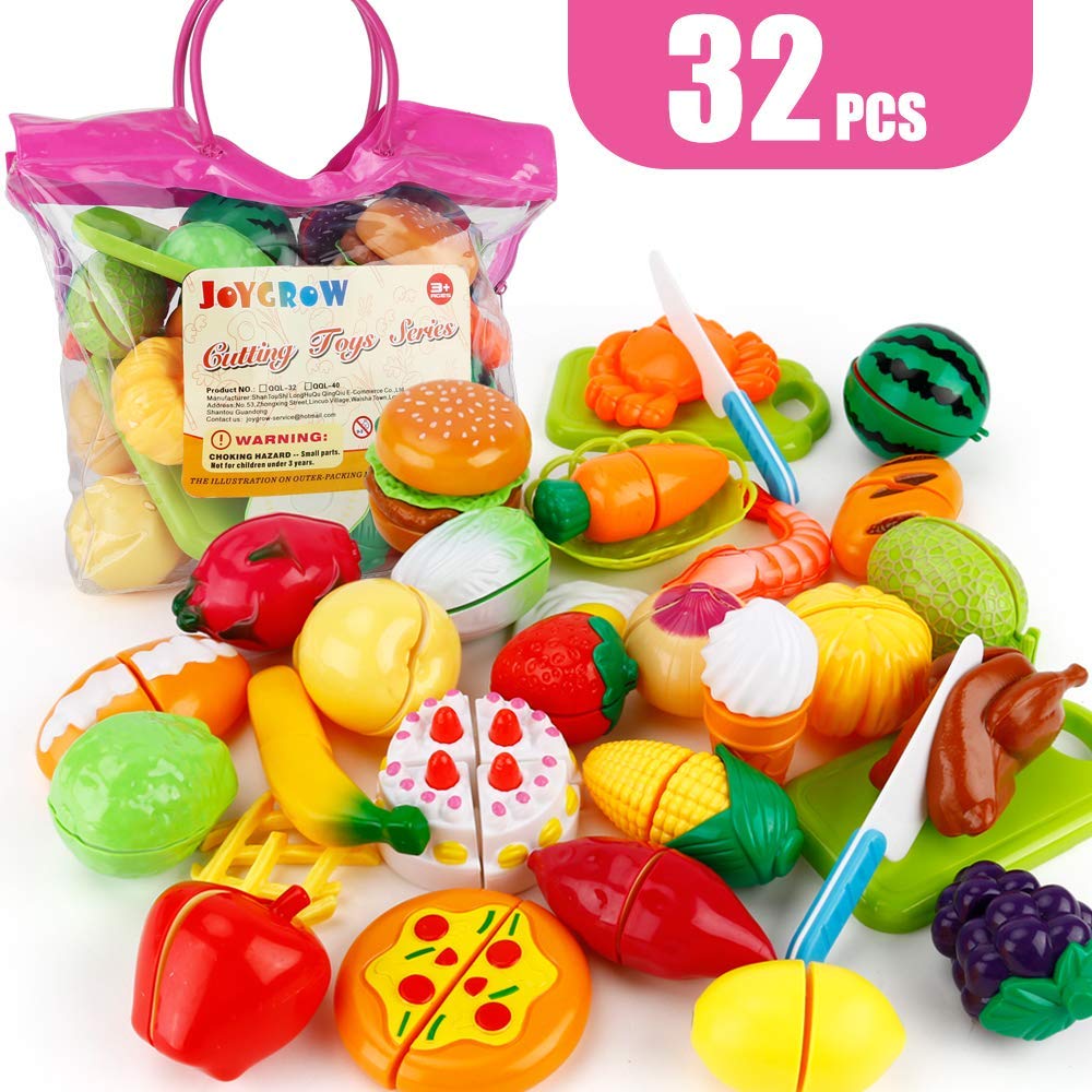 JoyGrow 32PCS Cutting Toys Play Food Fruits Vegetable Kitchen Playset Educational Learning Toy Boy Girl Kid with Handbag Packing (Red)