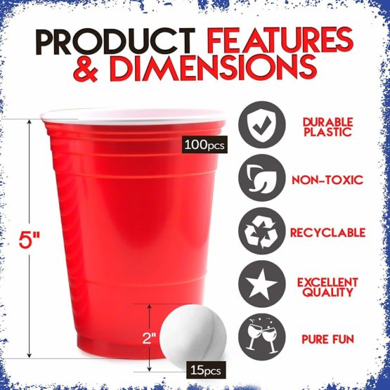 THE TWIDDLERS - Beer Pong Drinking Game Set: 100 Red Plastic Cups and 15 Balls - Image 3