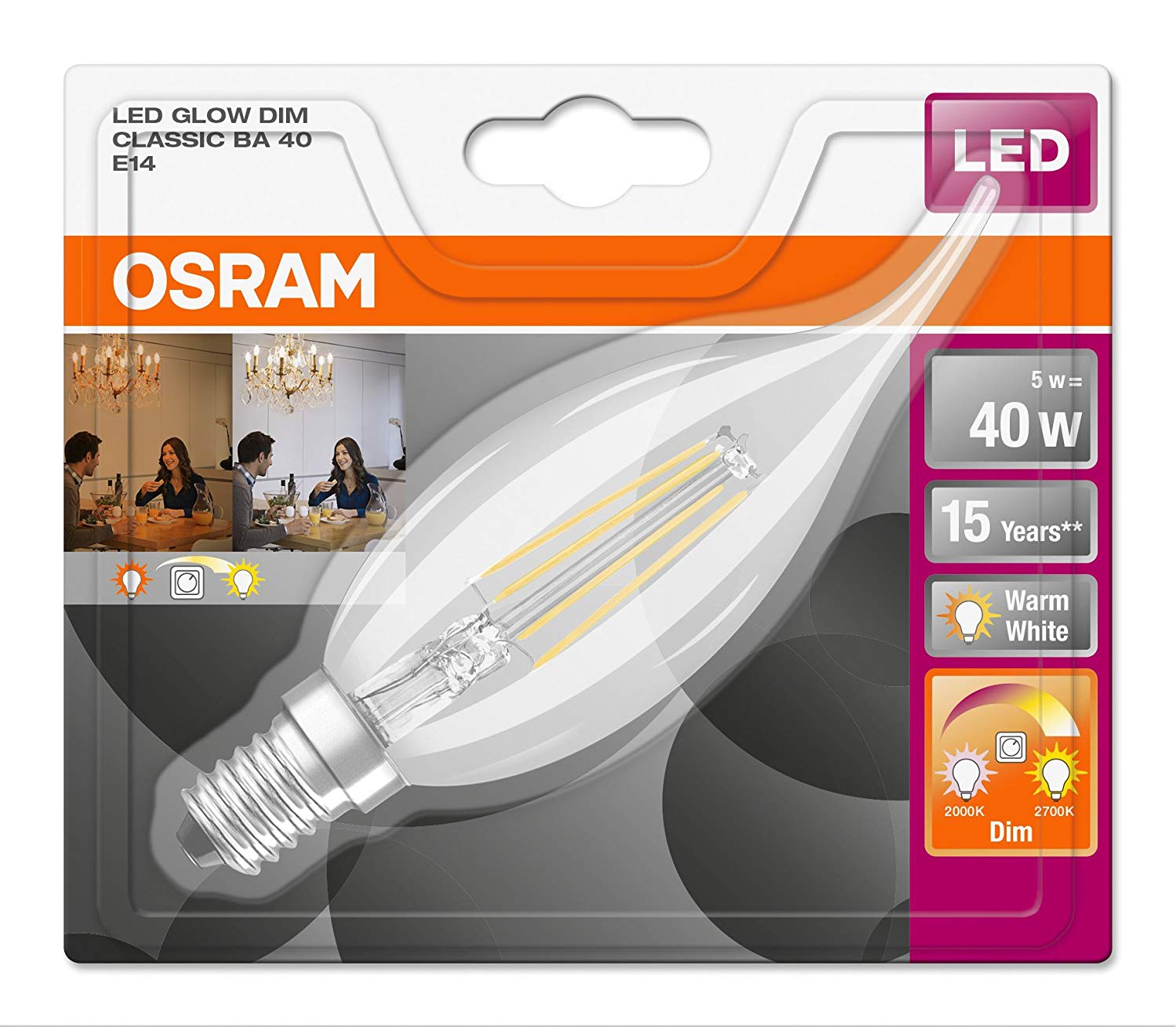 Osram Candle Shape Star+ GLOWdim Classic Ba LED Lamp, Glass, Warm White, E14, 5 W, Set of 1 - Image 3