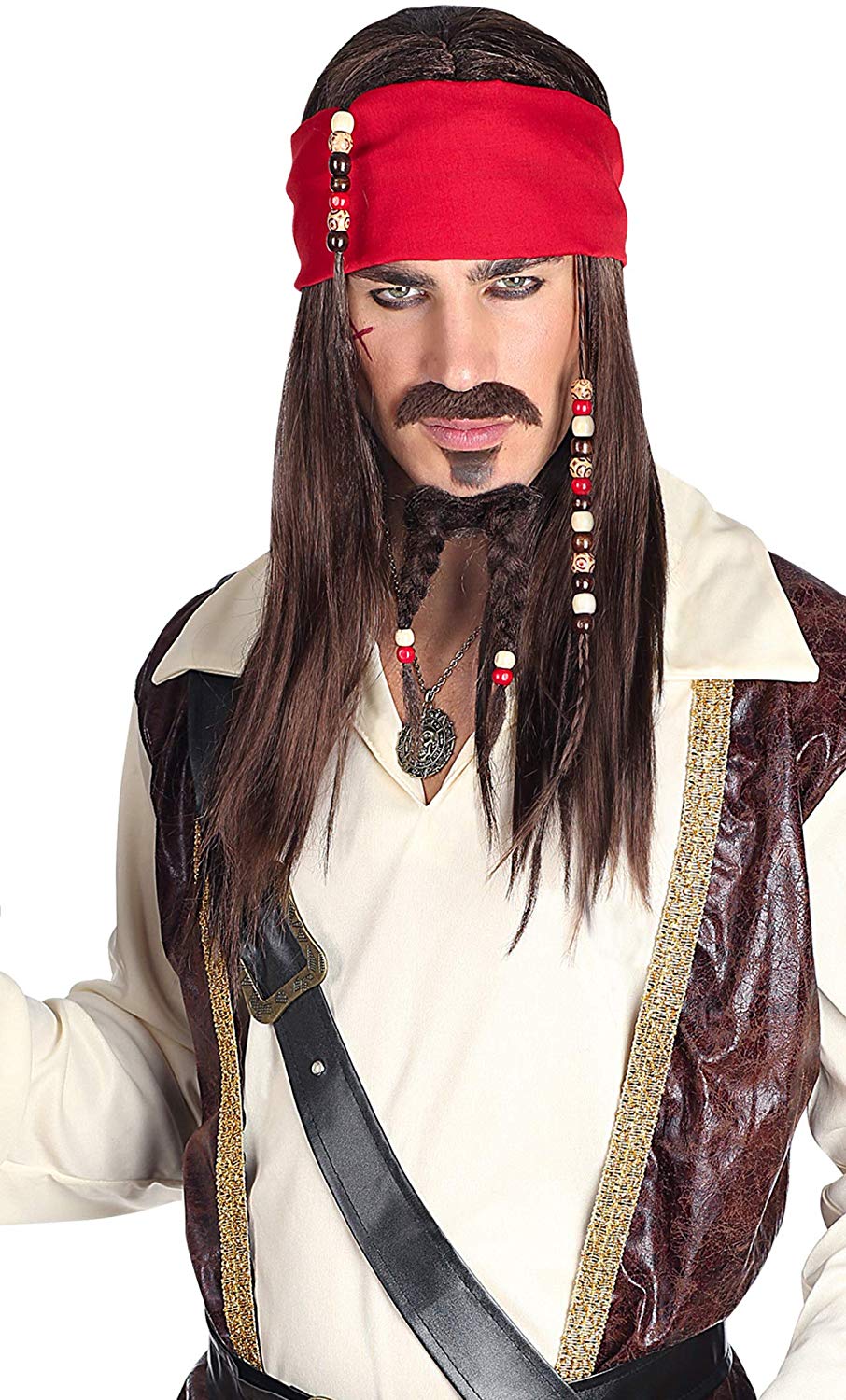 Widmann Srl-WDM06393 VD-Pirate Wig with Bandana Moustache Lace Beads for Adult Men Black, WDM06393, 24 cm - Image 2