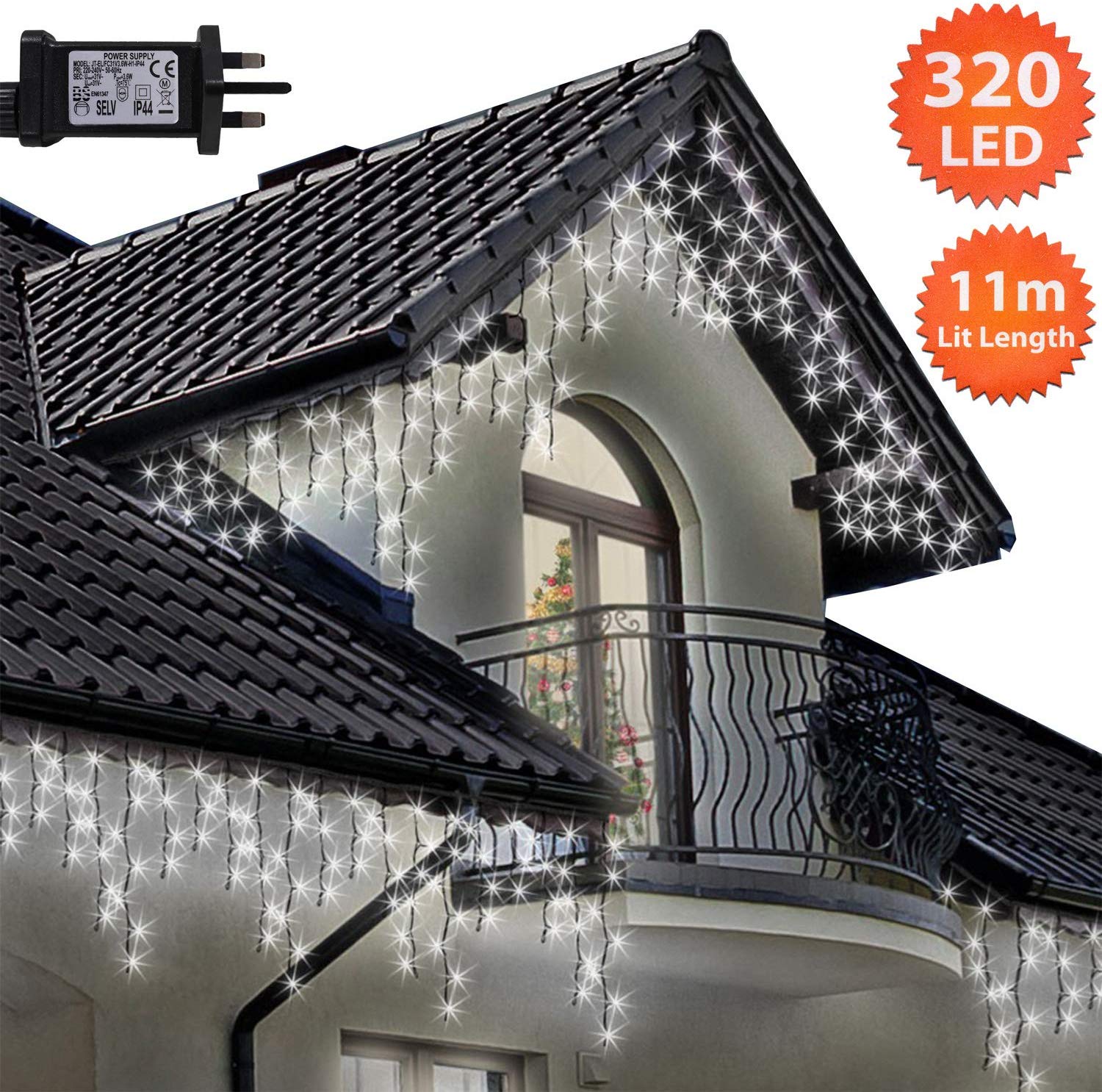 ANSIO® Outdoor Christmas Lights 320 LED 11m/35ft Icicle Lights Outdoor & Indoor Cool White Decorations String Fairy Outside Lights with Timer for Xmas Garden Bedroom & Party