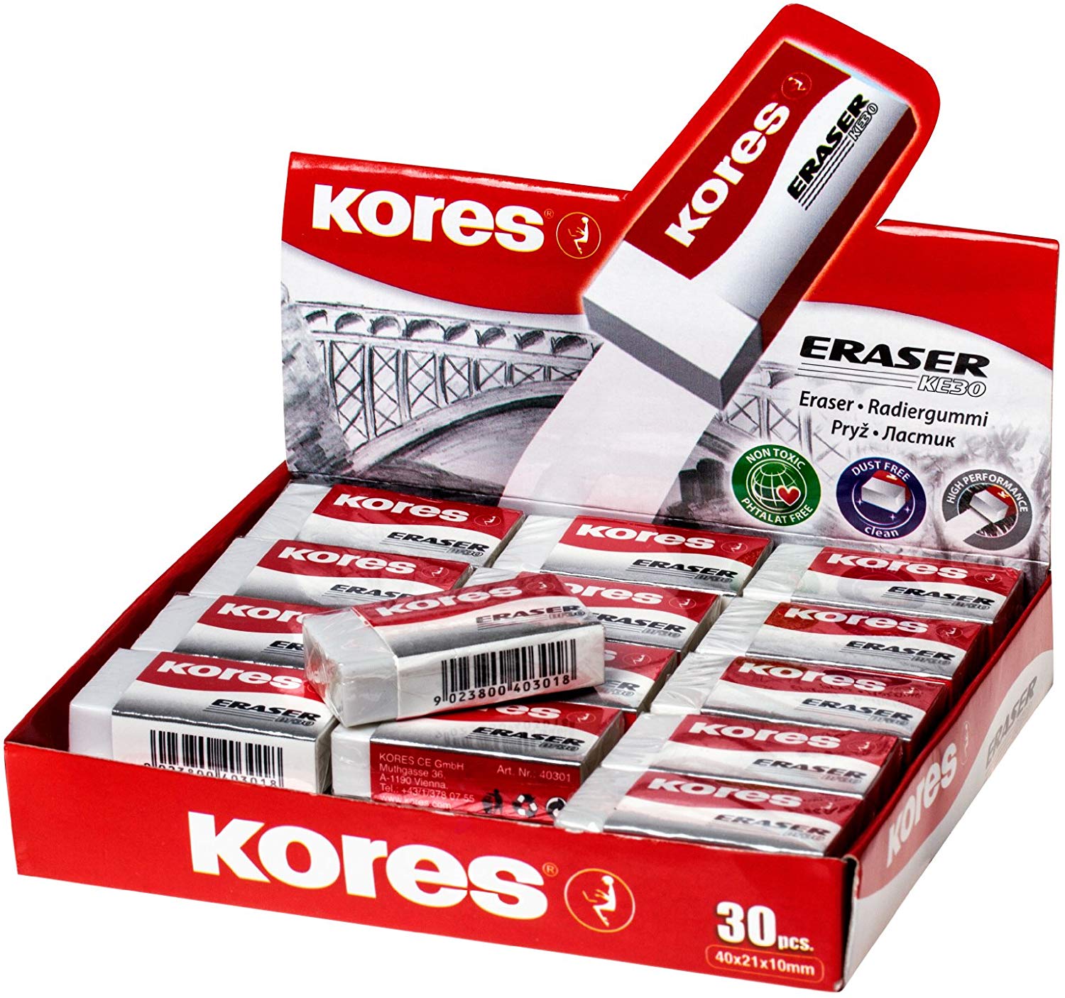 Kores, White PVC Rubber Erasers, KE-30 Pocket Size Block Shape Erasers with Paper Sleeve, 40 x 21 x 10mm, School Supplies