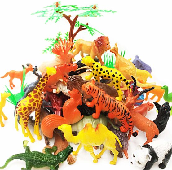 65 Pieces Animal Figures Toy Set - Plastic Educational Jungle Animal Toys for Boys Girls Kids Toddlers Farm Small Animals. Includes 44 Mini Animal Figures,16 Fences, 4 Grass and 1 Trees