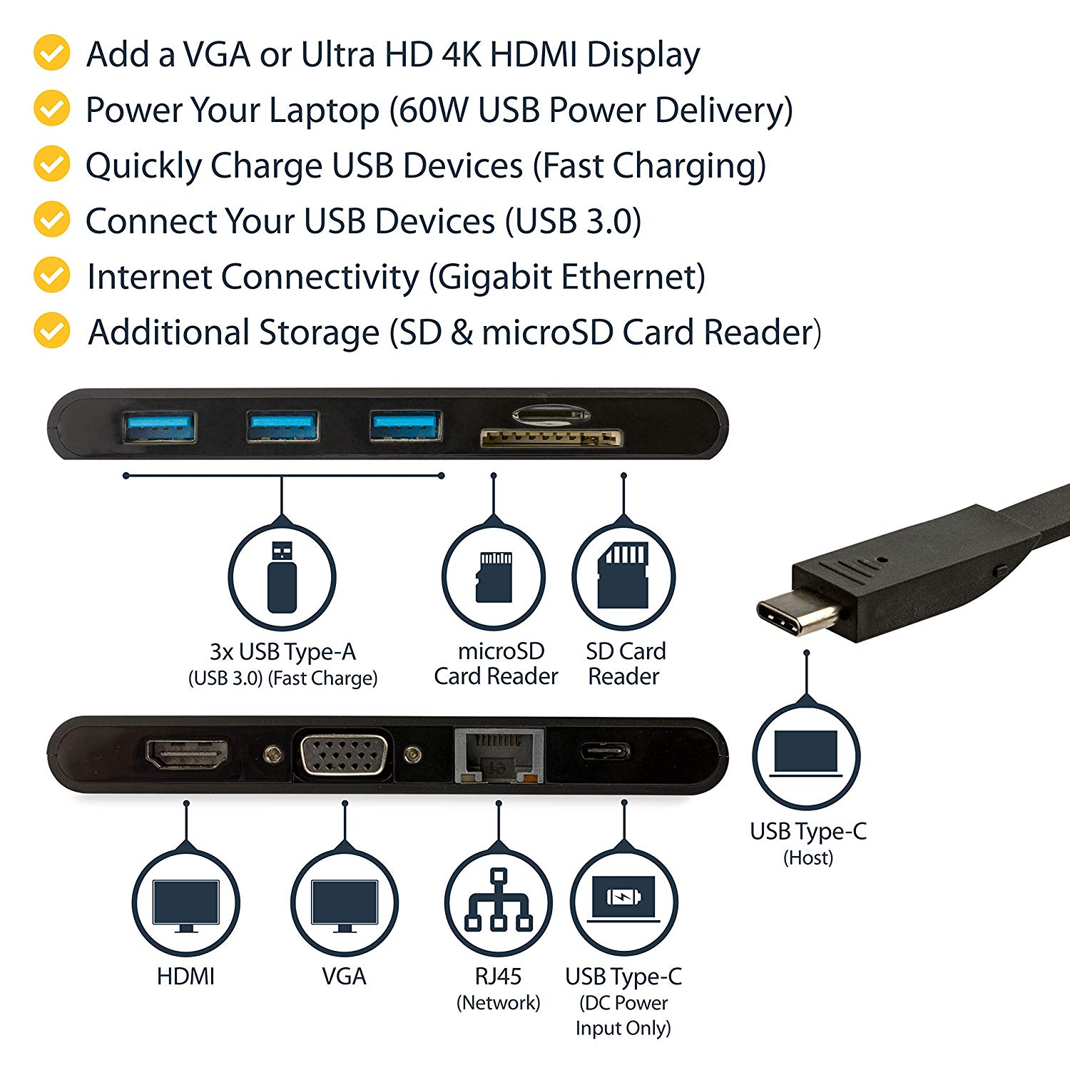 StarTech.com USB C Multiport Adapter, USB Type-C Mini Dock with HDMI 4K or VGA 1080p Video, 100W Power Delivery Passthrough - Image 2