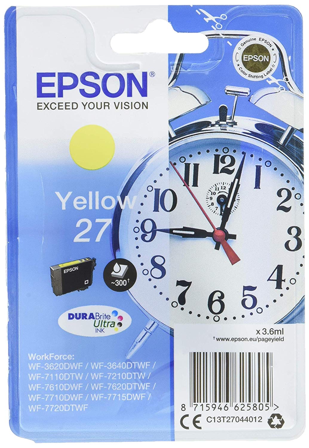 Epson 27 Yellow Alarm Clock Genuine, DuraBrite Ultra Ink Cartridge, IND Yellow, Standard Capacity