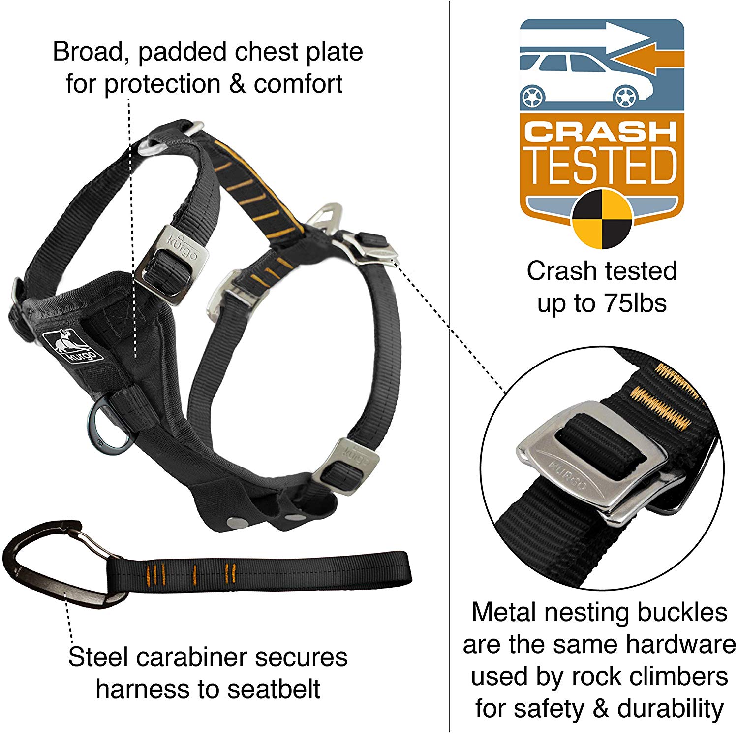 Kurgo Enhanced Strength Tru-Fit Dog Car Harness, Crash Tested, Steel Nesting Buckles, Includes Seatbelt Tether, Black, Large - Image 2