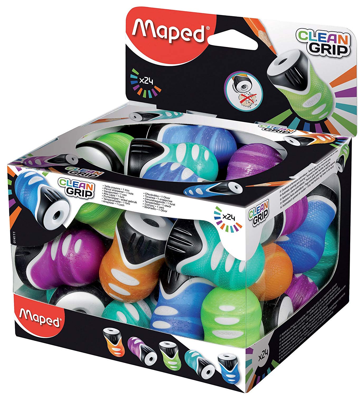 Maped Clean Grip One Hole Canister Pencil Sharpener (Box of 24 in Assorted Colours), Orange,Blue,Green,Purple