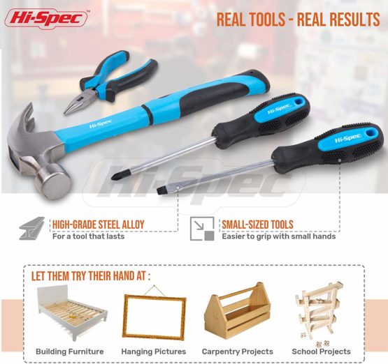 Hi-Spec 18 Piece Kid's Blue Tool Kit Set with Tool Bag. Real Metal DIY Hand Tools for Children & Starters Including Work Apron, Dust Glasses & More - Image 3
