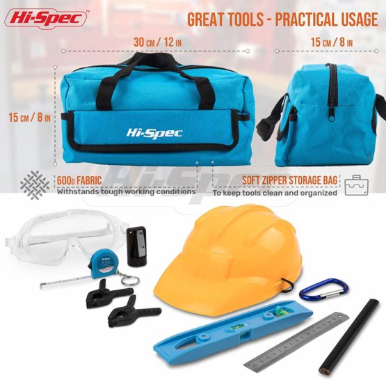 Hi-Spec 18 Piece Kid's Blue Tool Kit Set with Tool Bag. Real Metal DIY Hand Tools for Children & Starters Including Work Apron, Dust Glasses & More - Image 4