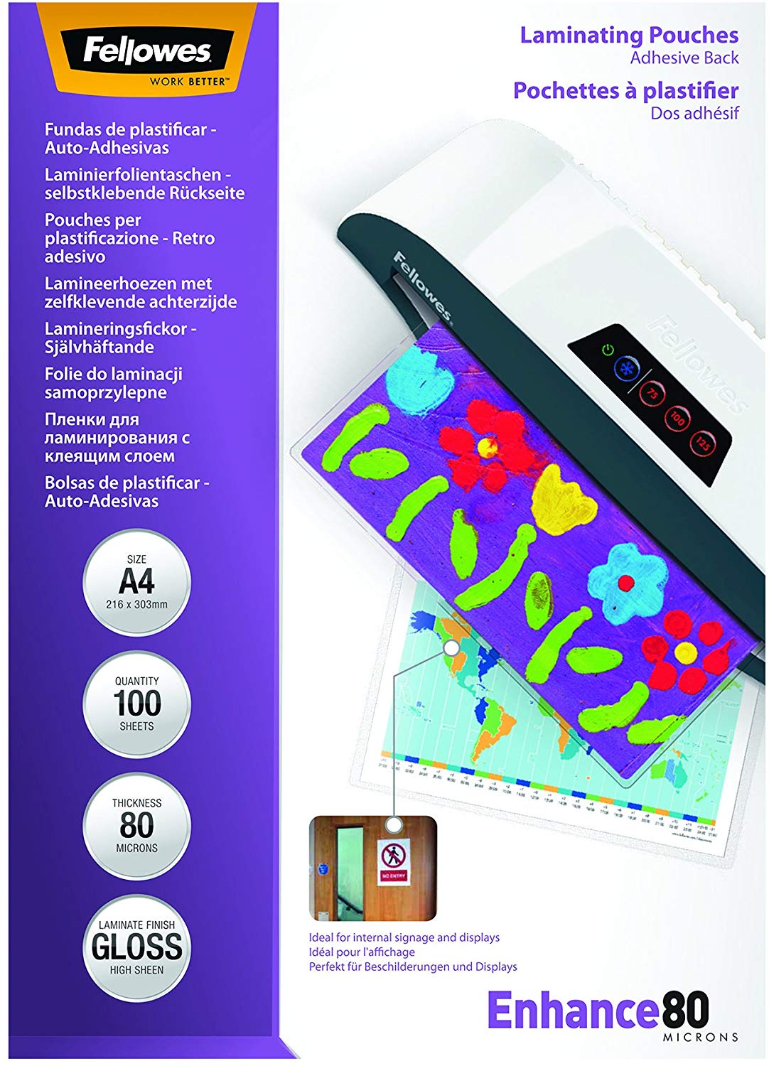 Fellowes A4 Laminating Pouches, Gloss, 160 Micron (2 x 80 Micron) Self adhesive - Pack of 100, Clear, Standard