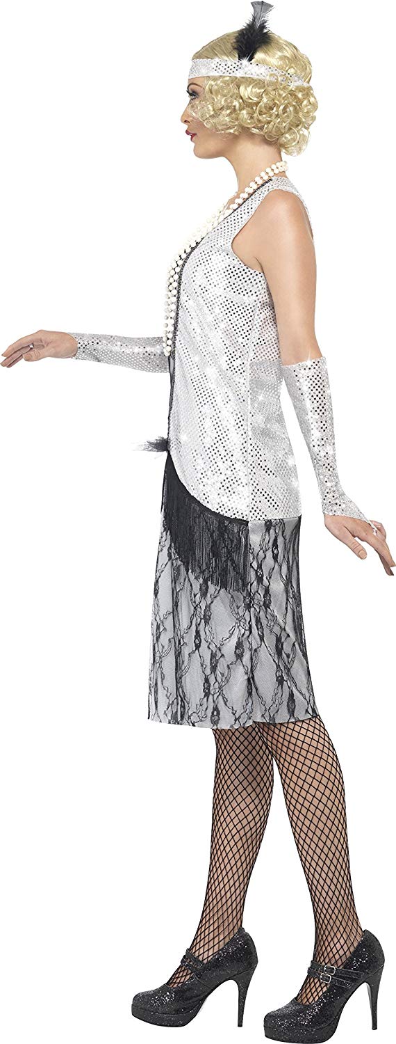 Smiffys Flapper Costume, Silver with Dress, Headband and Glovettes, 1920's Razzle Fancy Dress, 1920s Dress Up Costumes - Image 3