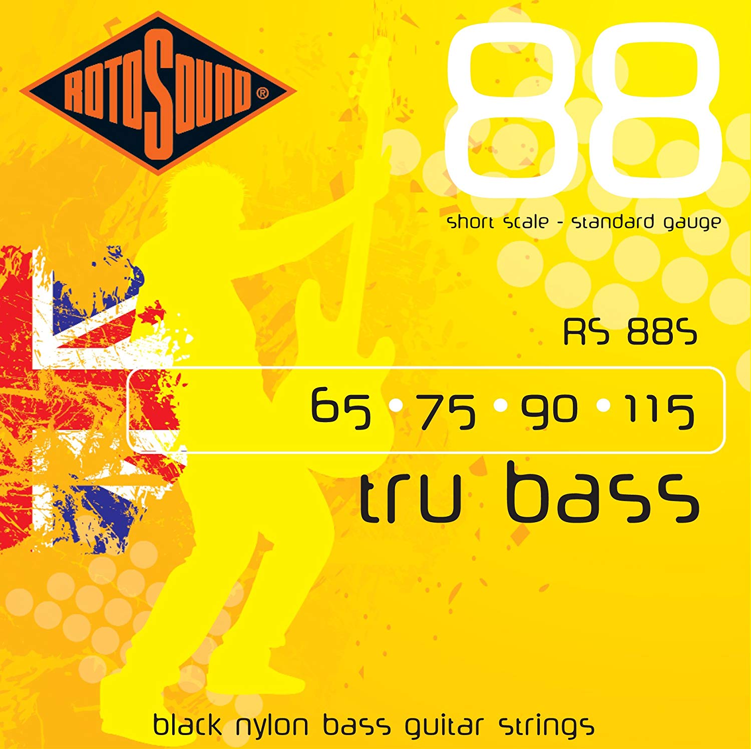 Rotosound RS88S Black Nylon Standard Gauge Flatwound Bass Strings Short Scale (65 75 90 115), White Black Red Blue