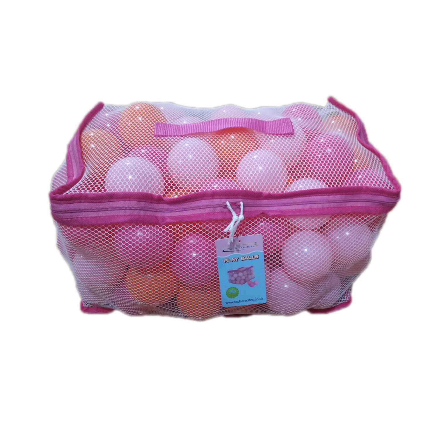 Tech Traders 100 Pink Play Balls, Soft Balls with Smooth Surface,BPA Free, Meet All Safety Standards, Easy Mesh Storage Bag