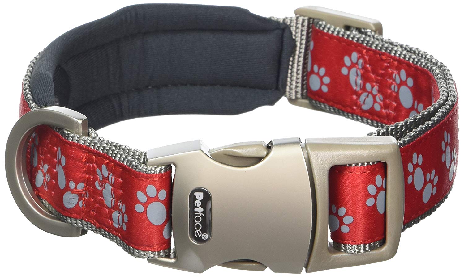 Petface Signature Padded Dog Collar, Small, Red With Grey Paws, Paw Print - Red/Grey - Image 2