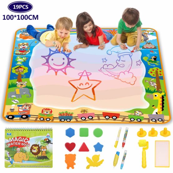 lenbest Ocean Water Drawing Mat 100x 100cm Educational Toy Gift for Toddler Age 2 3 4 5+ Years Old Unique Rollering Set Super Large Aqua Magic Painting Mat with 14 Rainbow Colors