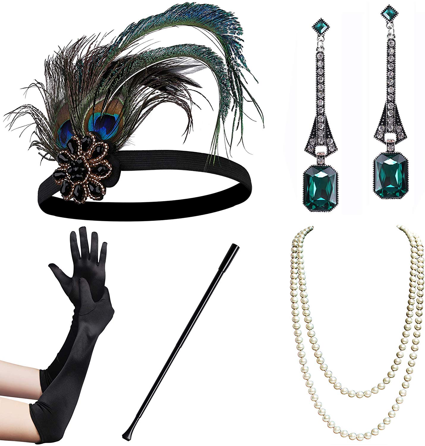 BABEYOND 1920s Flapper Accessories Gatsby Costume Accessories Set 20s Flapper Headband Pearl Necklace Gloves Plastic Holder