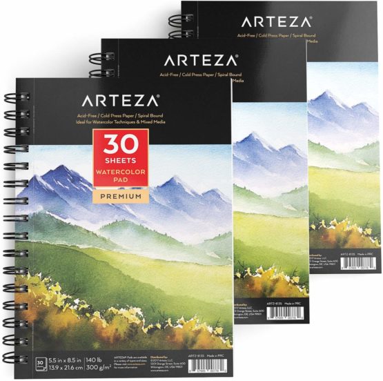 Arteza Premium Watercolour Paper Pad, 3 Pack, 90 Sheets, 13.9 x 21.6 cm, Spiral Bound, 300gsm Watercolour Paper, Cold-Pressed, Acid-Free, Art Supplies for Watercolour Techniques and Mixed Media - Image 2