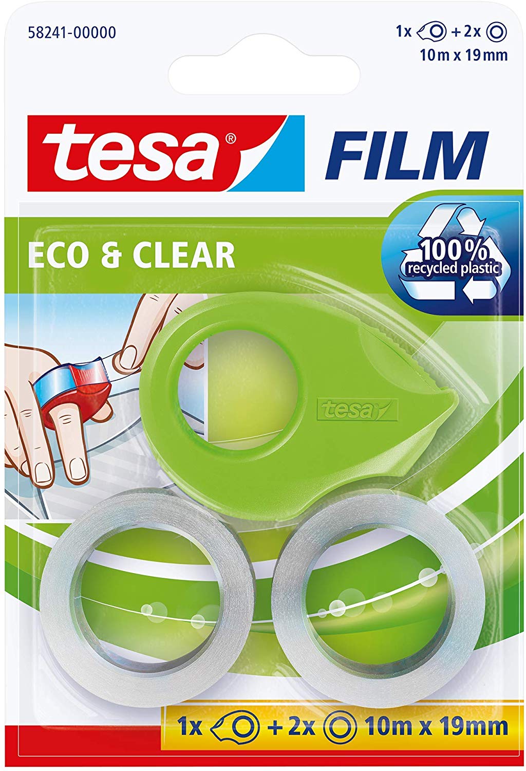 tesafilm Mini Finger Dispenser ecoLogo includes 2 Rolls of tesafilm Eco and Clear Adhesive Tape - Green , 10m x 19mm