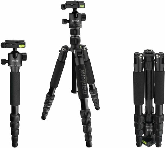 Mantona Light Traveller Aluminium Travel Tripod with Arca-Swiss Compatible Panorama Ball Head, Very Compact and Lightweight, Ideal for Outdoor and Travel Photography)