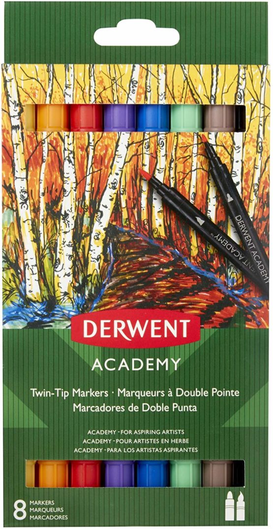 Derwent Academy Twin Tip Markers, Set of 8, Fine & Brush, High Quality, 98206