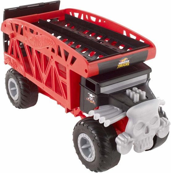 Hot Wheels FYK13 Large-scale Monster Mover stores twelve 1:64 scale trucks
