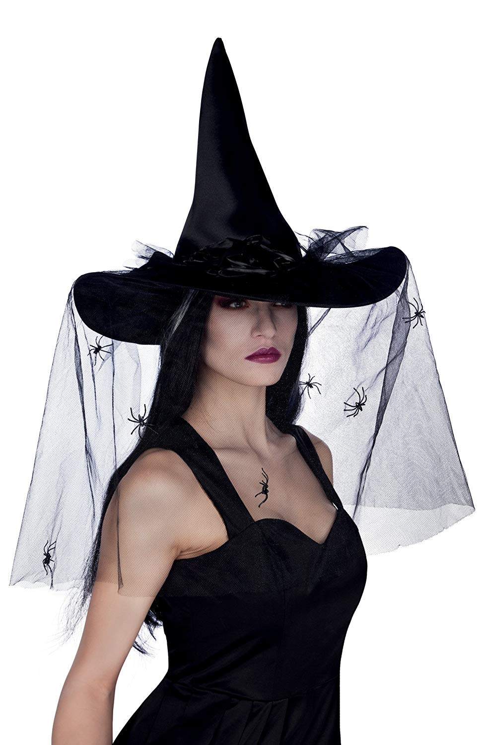 Boland Esmeralda Witch Hat with Veil, Black Pointed Witch Hat for Adults with Spider Detail and Roses