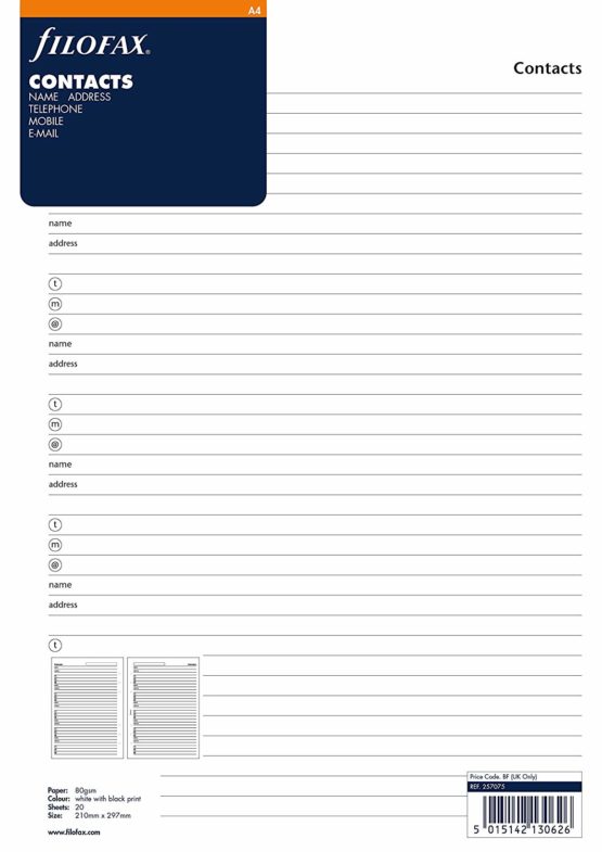 Filofax A4 Name, Address, Contact, Email, Telephone refill