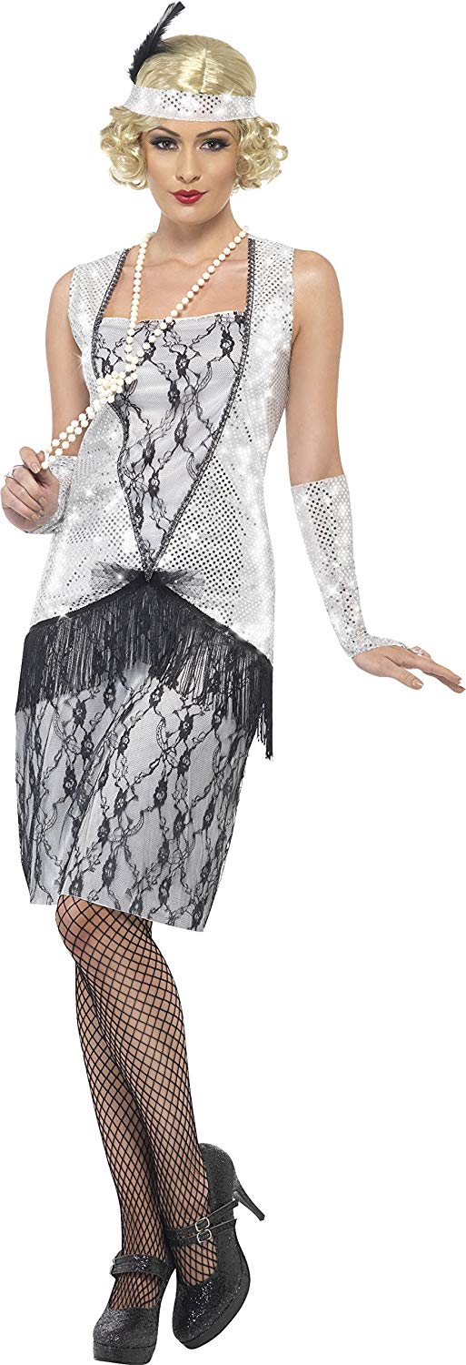 Smiffys Flapper Costume, Silver with Dress, Headband and Glovettes, 1920's Razzle Fancy Dress, 1920s Dress Up Costumes