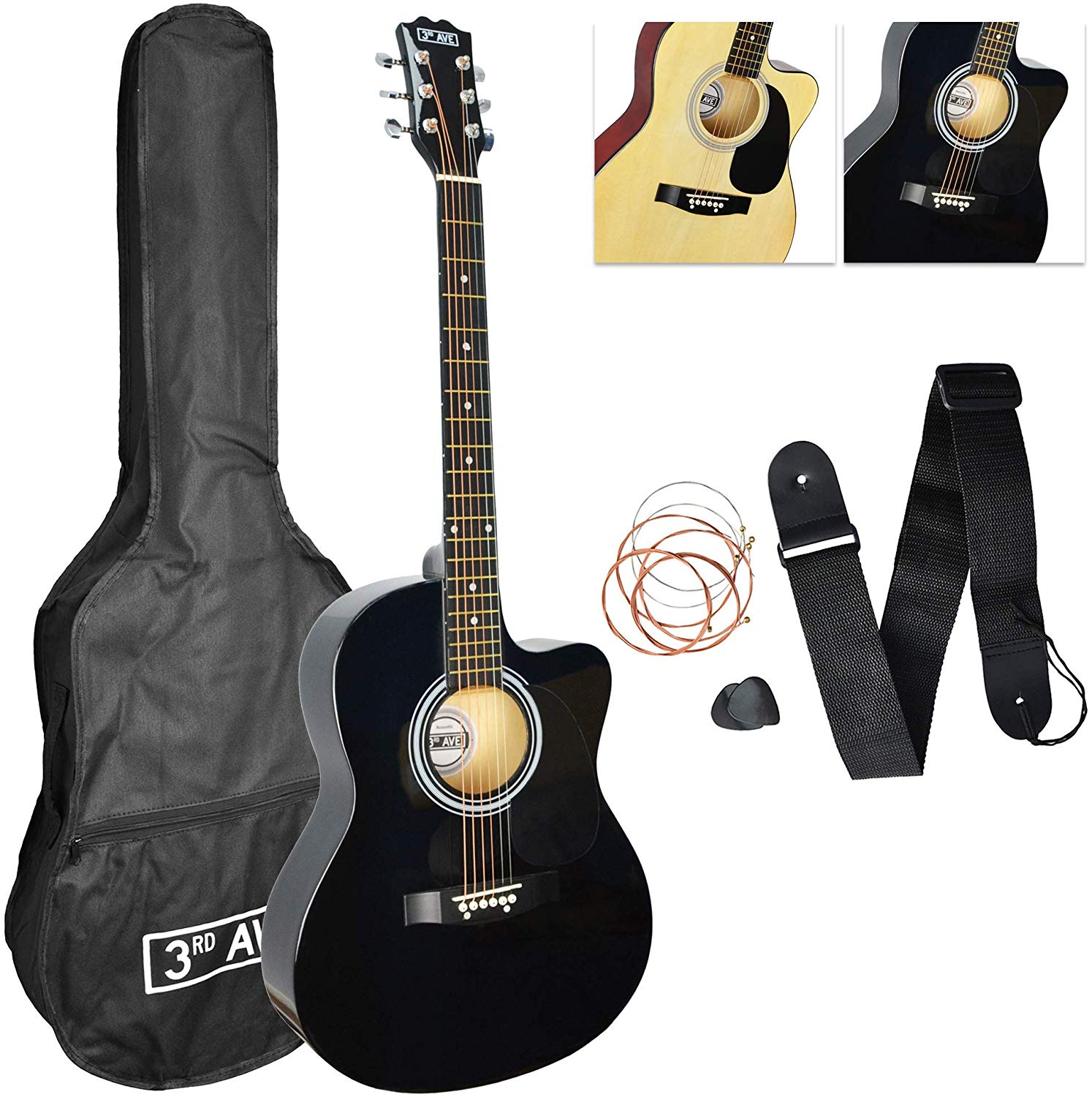 3rd Avenue Full Size 4/4 Cutaway Acoustic Guitar Pack Bundle for Beginners, 6 Months FREE Lessons, Bag, Strap