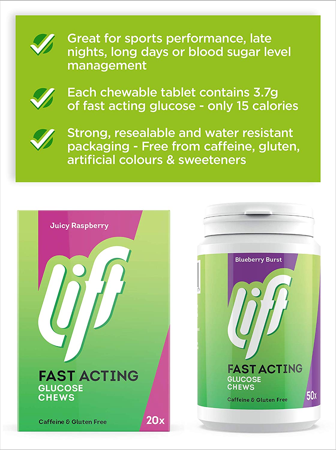 Lift Fast-Acting Glucose Chewable Energy Tablets, Blueberry, 6 Pack of 50-Tablet Tubs, 50 count (Pack of 6) - Image 3