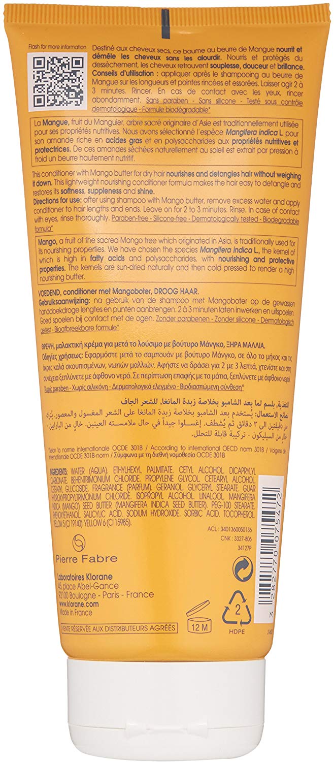 Klorane Mango Conditioner - Dry Hair - Vegan* - 1x 200ml Bottle, Clear, 200 ml (Pack of 1) - Image 2