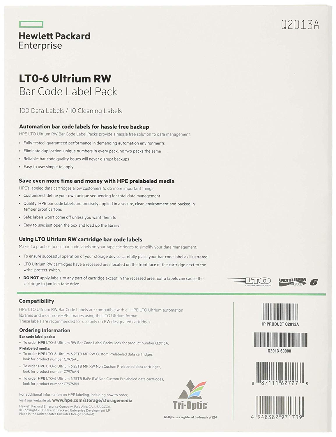 HP LTO-6 Ultrium RW Bar Code Label Pack, Black, Small - Image 2