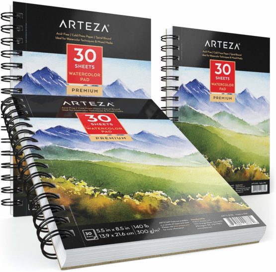 Arteza Premium Watercolour Paper Pad, 3 Pack, 90 Sheets, 13.9 x 21.6 cm, Spiral Bound, 300gsm Watercolour Paper, Cold-Pressed, Acid-Free, Art Supplies for Watercolour Techniques and Mixed Media