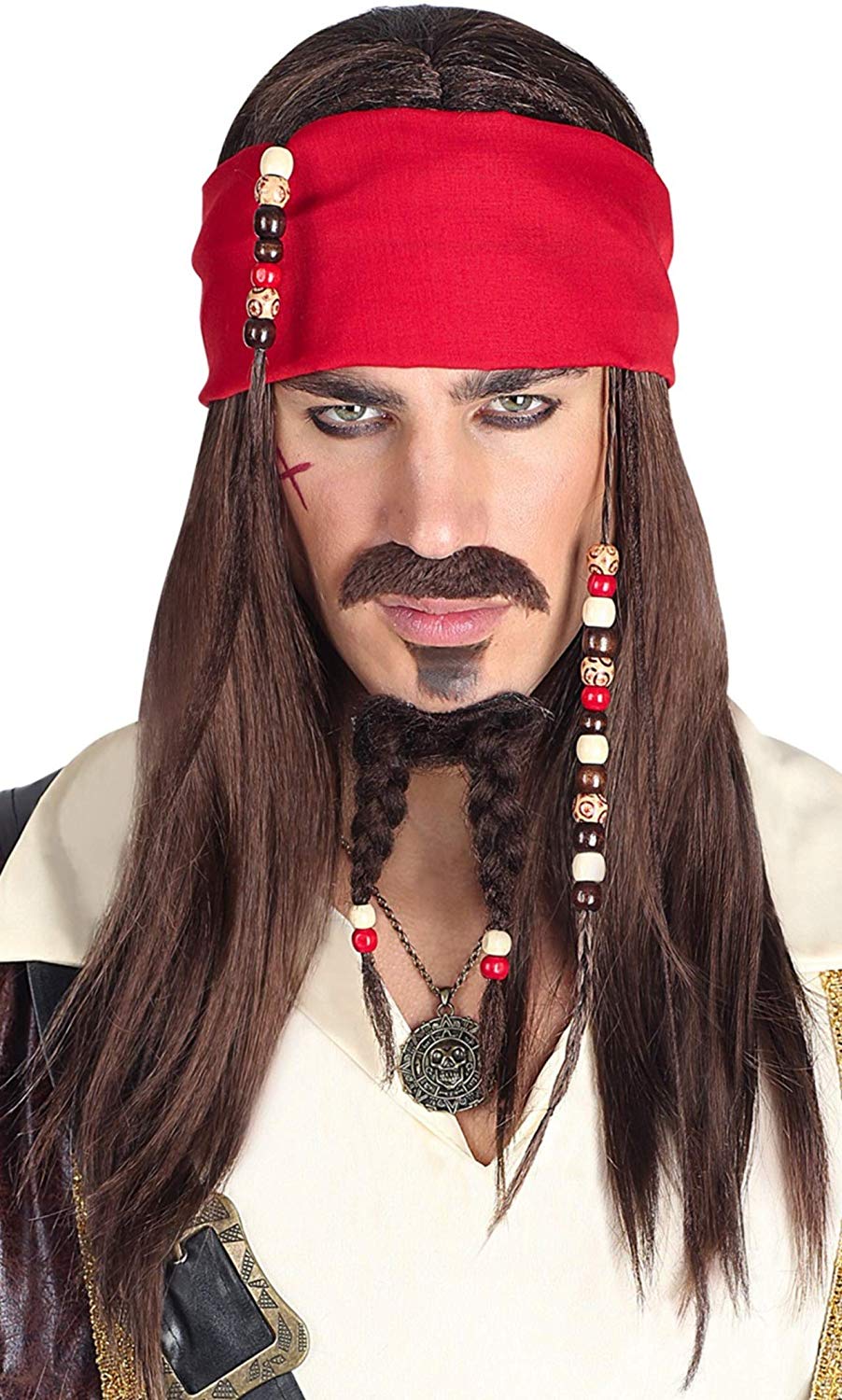 Widmann Srl-WDM06393 VD-Pirate Wig with Bandana Moustache Lace Beads for Adult Men Black, WDM06393, 24 cm
