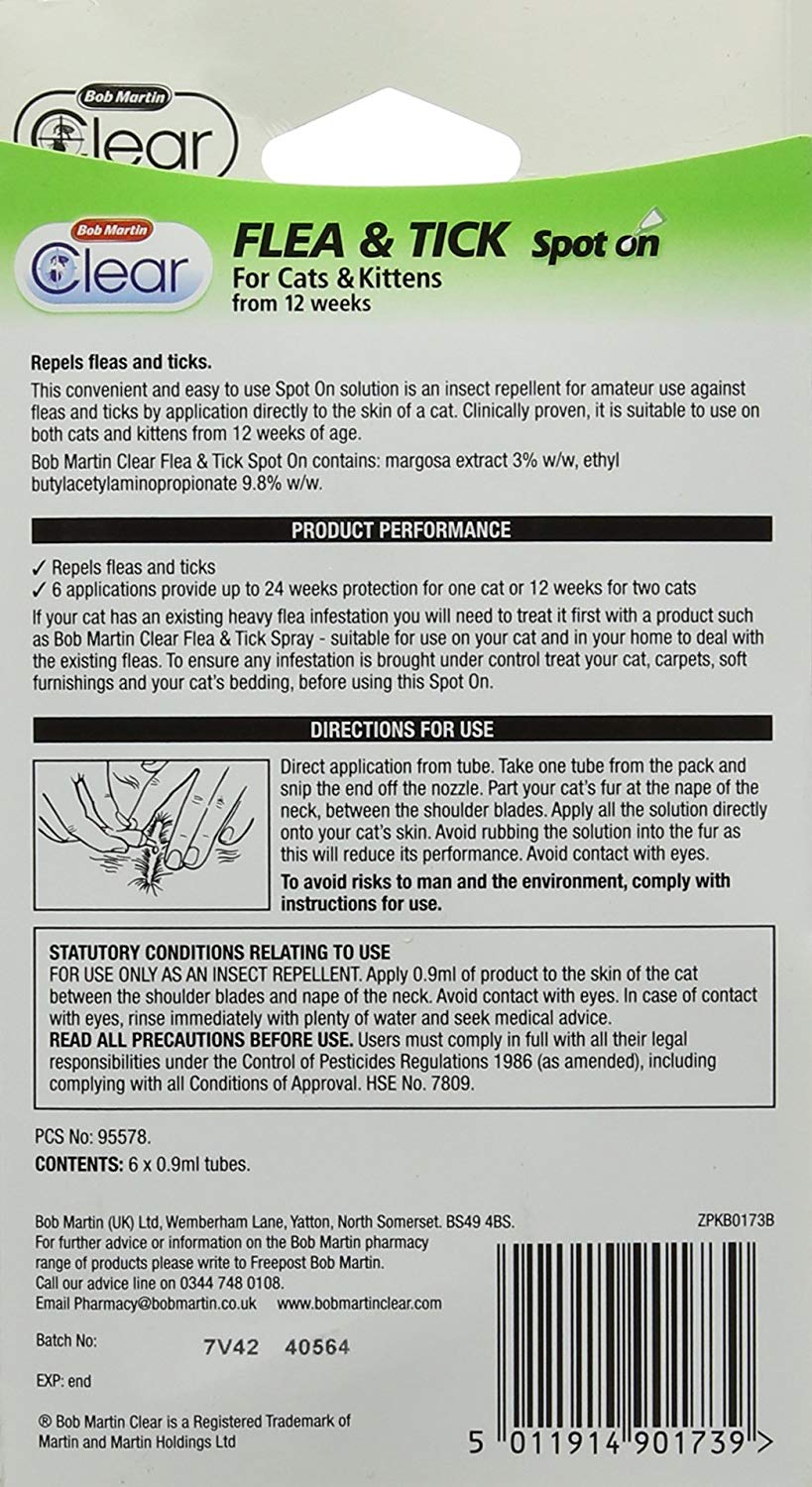 Bob Martin Clear | Spot On Flea & Tick Repellent for Cats and Kittens | Pesticide Free | Clinically Proven Protection (6 Pipettes ) - Image 2