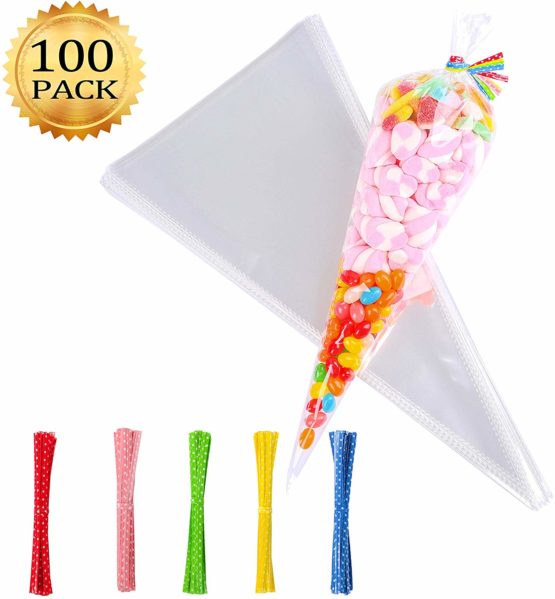 Whaline 100 Pcs Clear Cone Treat Bags Cellophane 37 x 18cm Sweet Cello Bags with 100 Assorted Twist Ties for Party