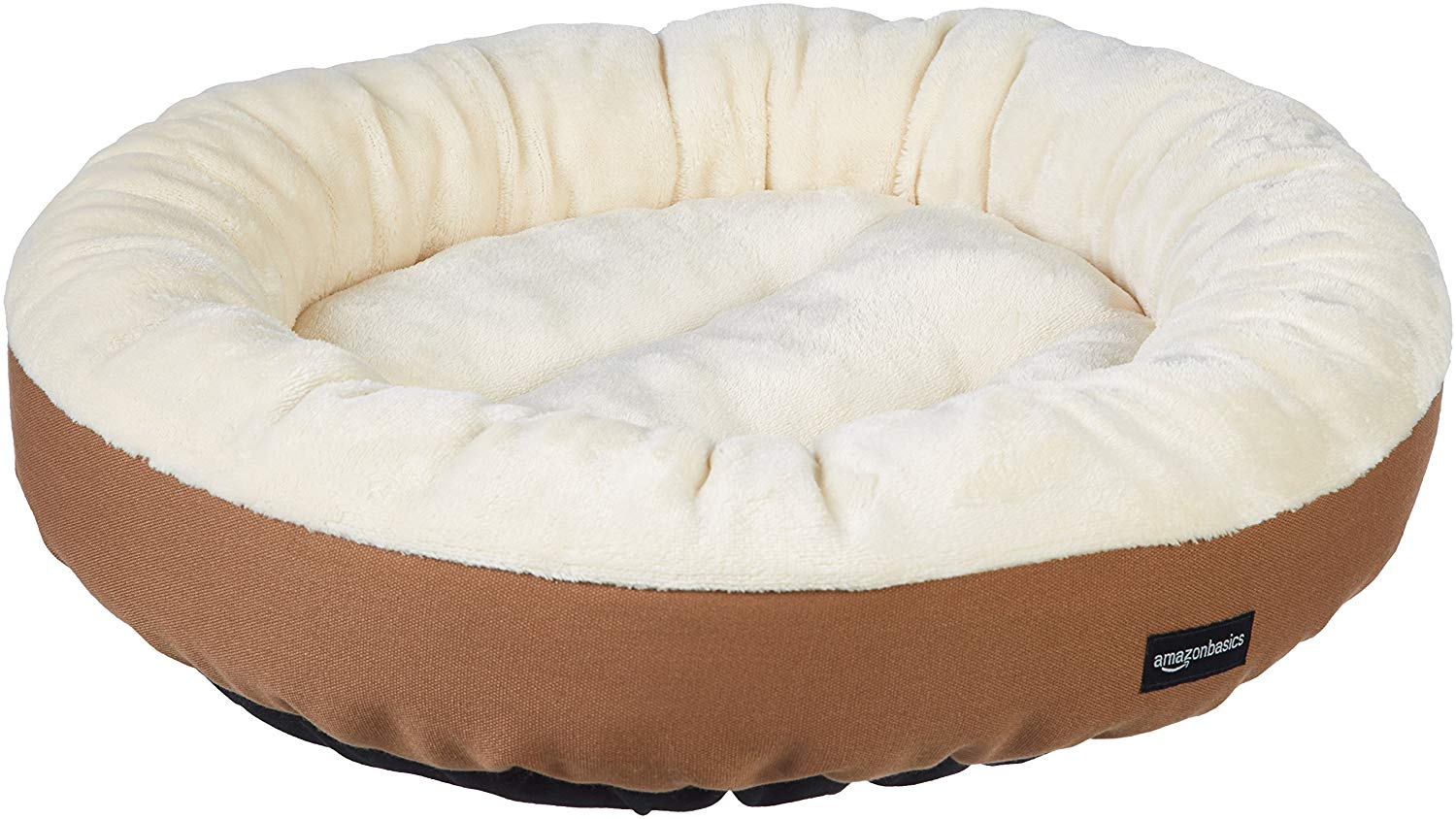 Amazon Basics Round Bolster Pet Bed for Dog or Cat with Flannel Top 50 x 50.8 x 15.2 Th cm, Brown and Ivory