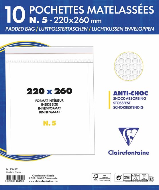 Clairefontaine 7345C - Extra White Kraft Padded Peel and Seal Envelopes, 215 x 265 mm, 90 g - Film Wrapped Pack 10